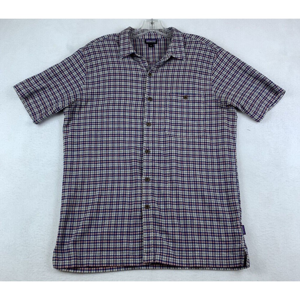 Patagonia Shirt Men's Medium Blue Red Plaid A/C Button Down Short Sleeve Cotton